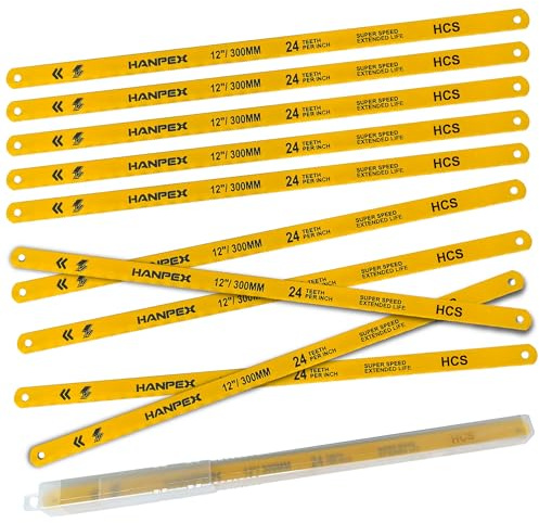 Hanpex 300mm Hacksaw Replacement Blades (10 Pack) High Speed 24 TPI - 12 Length Hack Saw Blade - High Carbon Steel (HCS) Cutting Blades
