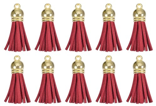 QUARKZMAN 30Pcs 1.5 Pouce Charme Porte-Clés à Pompons en Cuir avec Capuchon Doré pour la Fabrication de Bijoux de Bracelets Pendentifs, Décoration Artisanale DIY, Rouge