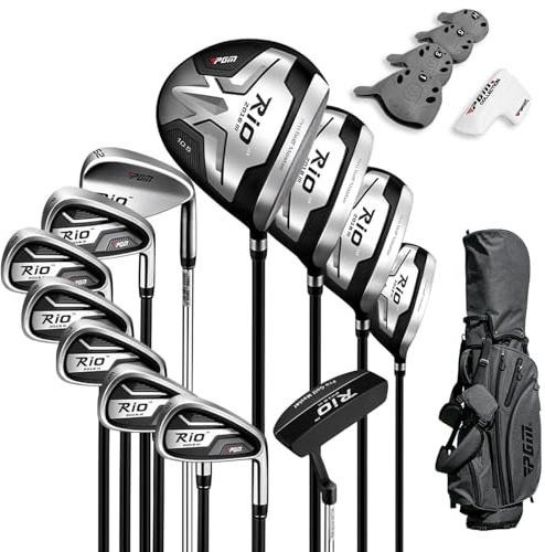 PGM Men's Complete Golf Club Sets - 12 Pieces - 3 Wood (#1,3,5), 1 Hybrid (#4H), 6 Irons(#5,6,7,8,9,PW), 1 Sand Wedge (52°), 1 Putter - with Golf Stand Bag - Titanium Club Head, Graptlite Shaft