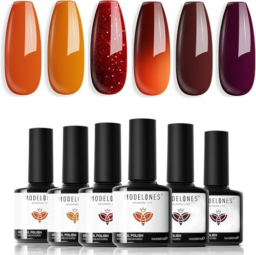 Modelones UV Nagellack Rot Glitzer Thermo Farbwechsel Set, 6 Farben Orange Braun Gel Nagellack Herbst für Gel Nail Polish UV LED Nägel Gellack Nail Art Nageldesign