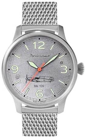 Messerschmitt Limitierte Fliegeruhr ME109 - Edelstahlgehäuse Ø42mm - Schweizer Automatic-Werk - Zifferblatt aus original Flugzeugblech - Fluoreszierende Zeiger - verglaste Rückseite - Made in Germany