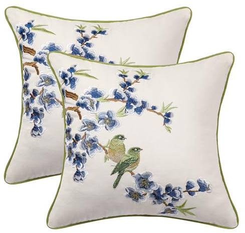 Holibeat Embroidered Flower Birds Throw Pillow Covers Spring Decorative Flower Pillowcases (Whiteblue, 18 x 18 (Pack of 2))