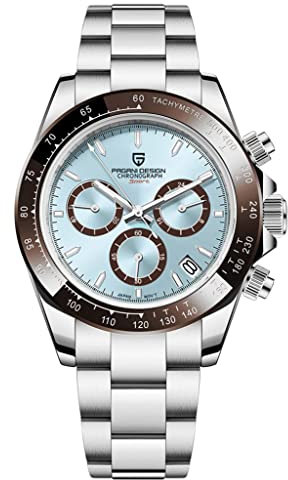 Pagani Design Klassische Quarzuhr für Herren, Japanisches Uhrwerk VK63, Keramik-Lünette, Edelstahl, wasserdicht, Business Sport, Chronograph Datum (Ice-blue-pd1644)