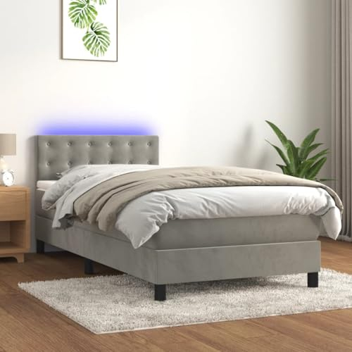 YUHI-HQYD Boxspringbett mit Matratze & LED,Bettgestell mit Kopfteil,Plattform-Bettgestell,Lattenrost,mit Scheren-Symbol – Sicheres Zuschneiden,für Schlafzimmer, Arbeitszimmer, Hellgrau 80x200 cm Samt