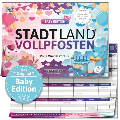 DENKRIESEN Stadt Land VOLLPFOSTEN Baby Edition | DIN A4 Spielblock | Ab 9 Jahren mit kreativen Babykategorien für Baby-Partys, werdende Eltern und Familie.
