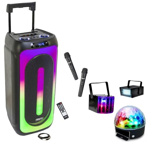 MOOVING LIGHT & SOUND - Pack Enceinte USB Bluetooth Autonome Karaoke MS-MAGIC-SOUND1000 TWS 1000W 2 Micros - 3 Jeux Lumières Strobe Astro Derby