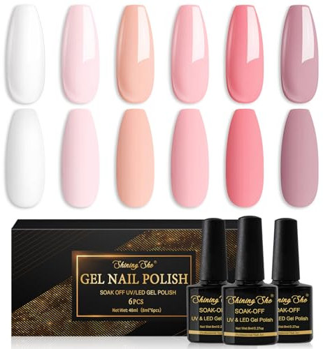 Shining She Gel Nail Polish, 6 Colours White Nude Pink Pastel Gel Polish Set Soak-Off UV/LED Nail Polish Gel Manicure Kit for Nail Art Salon Design DIY Home, 8ML