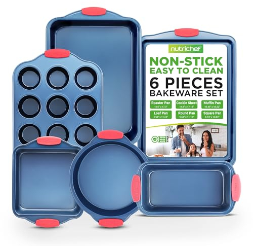 NutriChef 6-teiliges Backformen-Set – Antihaft-Backformen aus Karbonstahl mit roten Silikongriffen, blaue Beschichtung, langlebig und schmutzabweisend, perfekt zum Backen von Kuchen, Muffins, Keksen