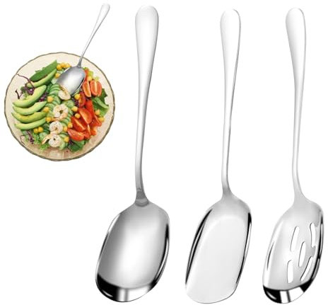 JIANGZHIB 3 Stück Servierlöffel aus Edelstahl Set, 22cm Salatbesteck Edelstahl, Beinhaltet Servierlöffel und Geschlitzte Löffel mit Langen Griffen für Zuhause, Bankett, Hotel