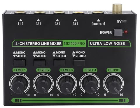 Mixer a 4 Canali - Mini Mixer Audio Stereo a 4 Canali con Luce RGB, Basso Rumore per Sub-mixing di Precisione, Mixer di Linea Stereo Ideale per Microfoni, Chitarre, Bassi, (Spina