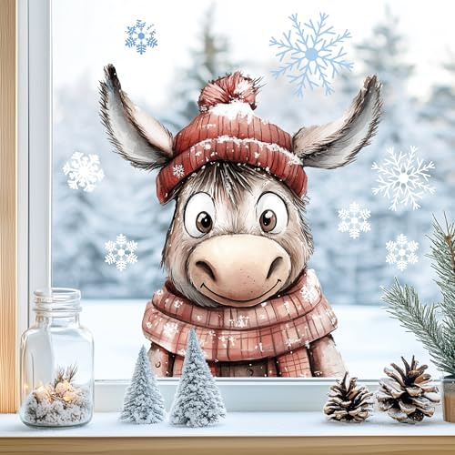 Fensterbild Fensteraufkleber Esel Mütze Schal Winter Fensterdeko | Fensterdeko Glasdeko für Fenster Glasflächen Kinderzimmer Wohnzimmer Küche Bad statisch haftend wiederverwendbar Saison Deko