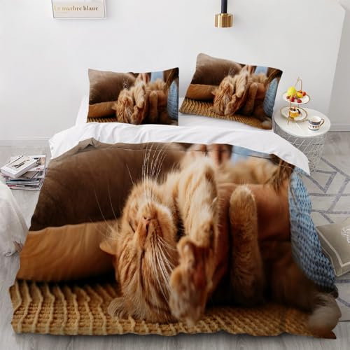 Bettwäsche Katzen 135x200, Winterbettwäsche 135x200 Kinder, feine Biber Bettwäsche 135x200, für Mädchen Jungen, weiches und warmes Bettwäscheset mit Katzenmotiv