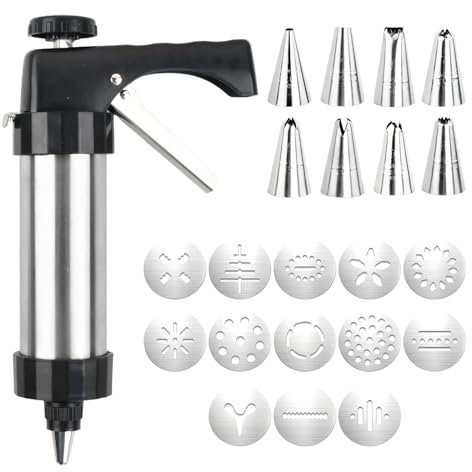 Dokeno Pistola Sparabiscotti, con 13 Dischi per Biscotti, 8 Ugelli Siringa, Pressa per Biscotti in Acciaio, Pistola Spara Biscotti, Macchina per Biscotti, per Realizzare e Decorare Biscotti Fai da Te