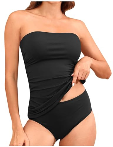 Tankini parte superior sin mangas para mujer, trajes de baño bandeau modestos trajes de baño para mujer, sin tirantes, correa de hombro extraíble, ropa de playa, traje de baño acolchado, 01 Negro, XL