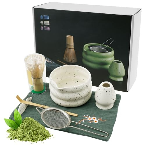 Juego de batidor Matcha de 7 piezas, elegante juego de batidora, tazón, soporte para batidores, pala, colador, herramientas versátiles para preparar té para presentación y regalos (blanco)