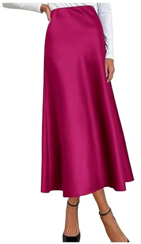 2025 - Elegante falda de cintura alta para mujer, vestido de satén sólido, falda elegante con cintura elástica copos de nieve, Rosa intenso., L