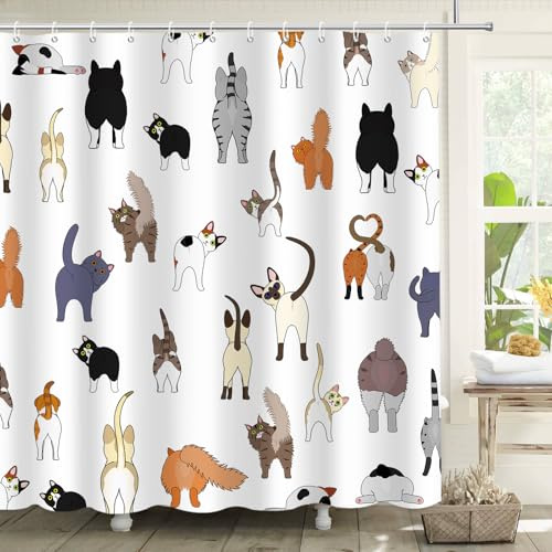 APROPHIC Duschvorhang Lustige Katzen 180x180, Duschvorhänge Kinder Cartoon Tiere Katze, Wasserdichter Polyester Stoff Badewanne Vorhang, Waschbare Badezimmerdekoration mit 12 Haken