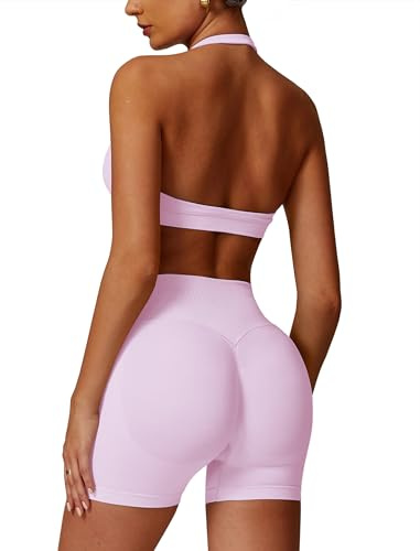 Odizli Damen Neckholder Sport BH + High Waist Shorts Zweiteiler Gym Workout Yoga Fitness Sportkleidung