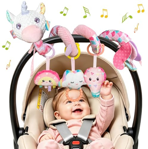 Kulveanju Baby Spiral Pram Toy 0-6 Months - Musical Plush Spiral Activity Hanging Toys for Babies Pushchair Stroller/Car Seat/Crib, Sensory Education Gifts for Newborn 6-12 Months Boys Girls, Pink