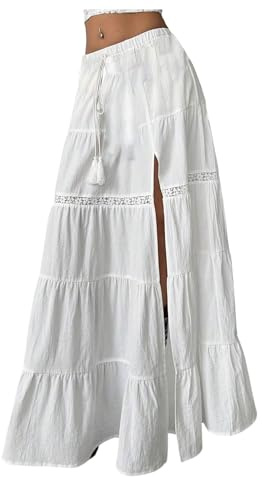SOLY HUX Women's Flowy Maxi Skirt Tie Front Elastic Waist Lace Split Ruffle Hem Long Skirts Solid White Large