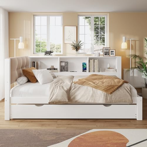 Witimisy Daybett,Tagesbett,Schlafsofa,Einzelbett(Ohne Matratze),mit ausziehbarem Bett,mit dimmbarer LED-Leiste,mit praktischem Regal,mit USB-Anschluss,Kiefernholz,Weiß,205X114.8X80.5CM