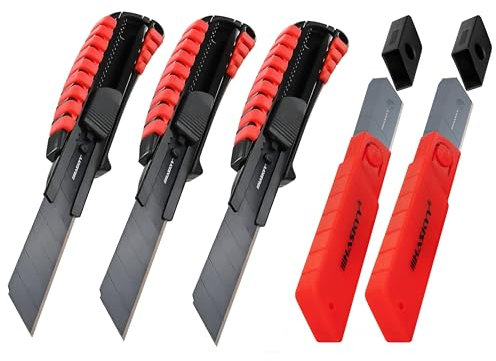HASKYY Coltello da taglio universale professionale Set 3 pezzi incl. 20 lame in acciaio SK5 ad alto tenore di carbonio da 18 mm, impugnatura ergonomica antiscivolo, rompi lama