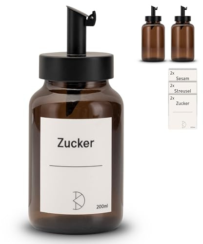 Koffs Design - Lot de 2 sucriers avec doseur en acier inoxydable – Saupoudreur individuel pour sucre, saupoudrer, graines de sésame, graines et plus encore – Sucrier moderne en verre avec protection