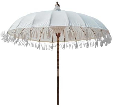 newgarden - BALI Parasol en tissu et franges pour extérieur, plage, jardin Ø 180 cm pliable. Structure en bois de bambou pour la terrasse et le balcon. Couleur blanche