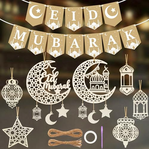14 PCS Eid Decorations for Home, 2-in-1 Mubarak Banner & Wooden Ornaments | Festive bunting & hanging accessories. Perfect for Eid al-Adha celebrations.