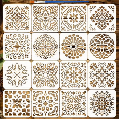 FINGERINSPIRE 16Pz Stencil per Pittura con Piastrelle Mandala con Pennello, 20x20cm Set di Stencil Mandala Riutilizzabili Modello di Disegno in PET per Pareti Pavimenti in Legno, Artigianato Fai da Te