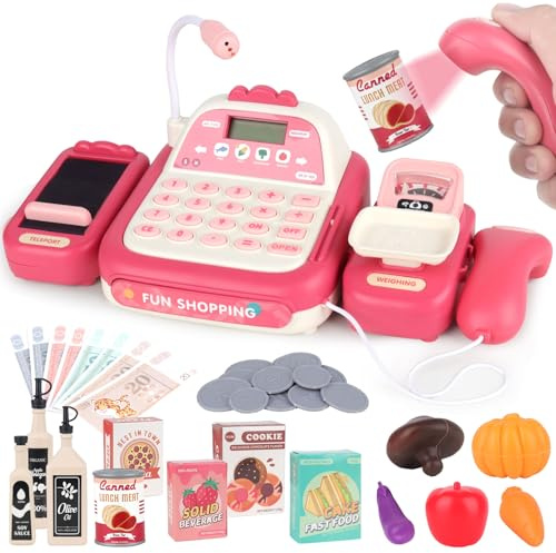 Toy Till Cash Register for Kids,52Pcs Mini Kids Shop Play Till, Girls for Boys Toddler Children, Pretend Role Play Money Food Learning Toys