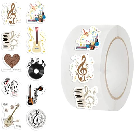 500 Music Theme Roll Stickers for Teens Adults, Waterproof Self-Adhesive Music Notes Guitar Piano Microphone Stickers for Teacher Awards, Goodie Bags, Laptop, Water Bottle