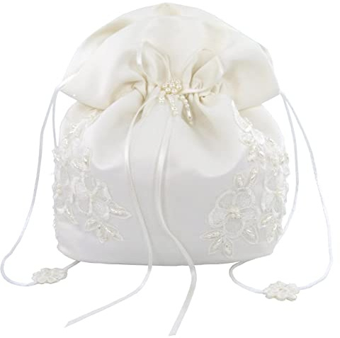 Satin Bridal Wedding Small Money Bag with Pearl-Embellished Floral Lace for Dollar Dance, Bridal Purse, and Other Special Occasions #E1DEDBiv (IVORY)
