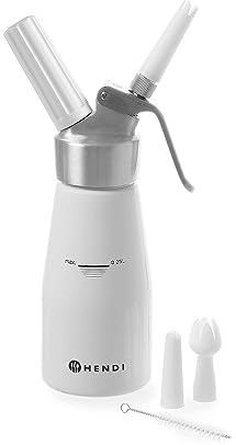 Hendi Sifone per cucina, set di 3 ugelli erogatori ed una spazzolina per la pulizia, per panna montata, mousse, dessert, sifone per panna montata, 0,25L, ø80x(H)200mm, alluminio, bianco, Bianco, 0.25L