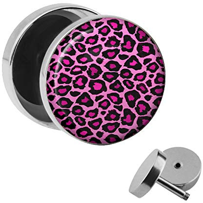 Treuheld | LEO Ohrstecker zum Schrauben - LEOPARD - Fell rosa-pink - Motiv Fake-Plug Ø 10mm Silber - Edel-Stahl Ohr-Ringe - Chirurgen-Stahl 316L Fake-Tunnel - Gewinde Ohr-Stecker - Schnee-Leopard