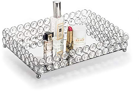 Feyarl Silver Mirrored Tray Crystal Perfume Tray Cosmetic Vanity Trays Skin Care Storage Decorative Trays for Home Dressing Table Wedding Decoration (12 x 8)