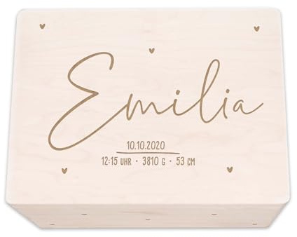 hellomini Personalisierte Erinnerungsbox aus Holz • Gravierte Aufbewahrungsbox mit Namen & Geburtsdaten • Geschenk zur Geburt, Taufe & Geburtstag • Hochwertige Baby-Erinnerungskiste (Herzkind)