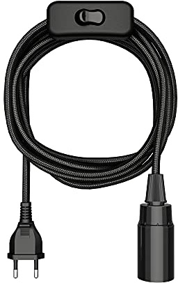 ledscom.de Câble textile LEHA, fiche, interrupteur, noir brillant, 3 m, douille de lampe, 1x E14 max. 60W