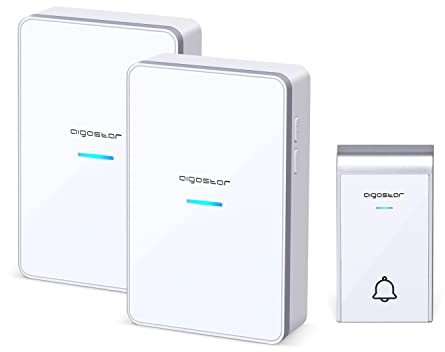 Aigostar Wireless Doorbell 36 Melodies+3 Volume Levels, 150M/500Ft, 2 Battery Opperated Receivers with Blue Light Indicator 1 Waterproof Transmitters, White Silver