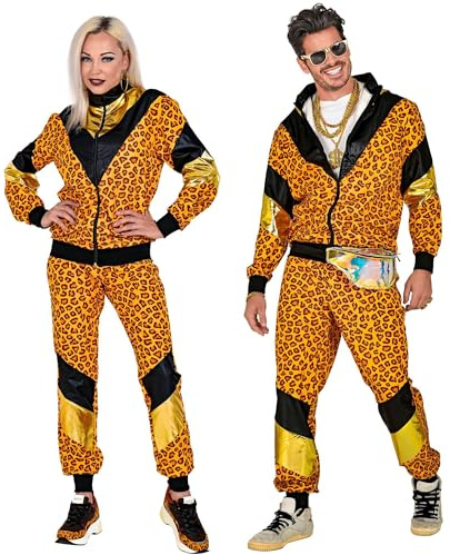 W WIDMANN MILANO Party Fashion – Kostym 80-talet träningsoverall leopard, jacka och byxor, djurtryck, party djur, joggingdräkt, retrostil, badknapp fest, karneval