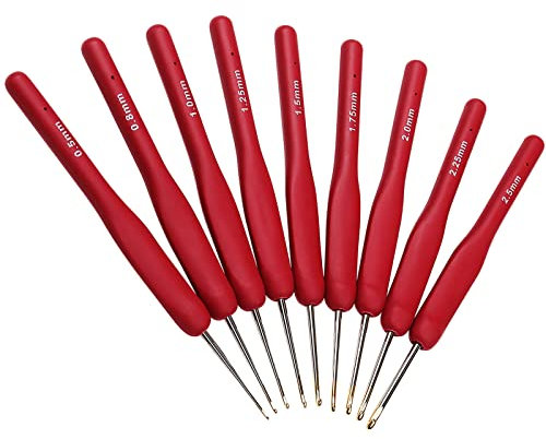 Coopay Spitze Häkelnadel Set, 9 Stück Klassisch Rote Häkelnadeln mit Leinentasche, 0,5 mm - 2,5 mm, Kleine Größen Häkelnadel Häkeln Ideal für Spitze und Dünnes Garn, Ultrafeine Häkelnadelset