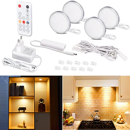 WOBANE Luce per Vetrina, 4 Pezzi Luce Armadio con Telecomando, Kit Luci Led Cucina Sottopensile Adesivo con Spina, Illuminazione per Sotto Mobile,Librerie,Scaffali,Bianco Caldo 2700K, 9W