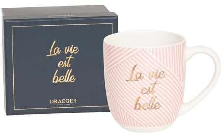DRAEGER PARIS 1886 - Taza de Cerámica Rosa 320 ml - La Vie Est Belle - Regalo para Familia, Amigo o Colega - Diseño Chic - Caja de Regalo incluida - Ideal para Cumpleaños y Navidad