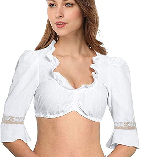 Blusa para Mujer con Encaje Manga, Vestido Dirndl de Corta Blanco, Camisa Elegante y Bonita, Disfraz Oktoberfest y Carnaval, Costume Tradicional Festival, Disfraces Mujeres, Ropa Cerveza Fiesta (40)