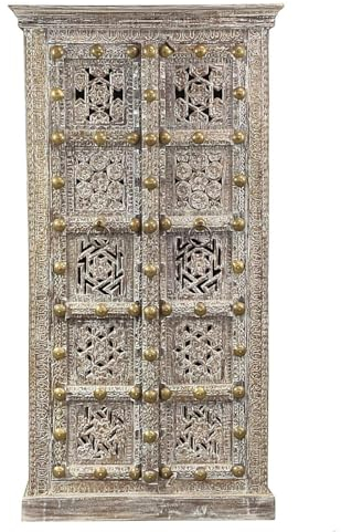 Schrank Dokhar Kleiderschrank Mangoholz mit Schnitzerei und Brass Oriental Schlafzimmer Braun Whitewash 176 cm