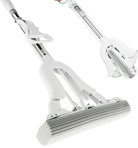 Retrok Schwamm Mopp mit Auswringer, super energiesparend saugfähiger Bodenwischer Teleskopstange 102125cm, Selbstwringend Wischmopp Fliesen Laminat Hartholz Böden, asde854, 55.50x18.00x8.00, Weiß