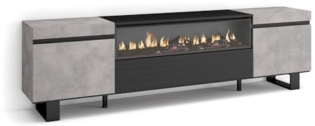 Skraut Home | TV-Schrank, Lowboard | für Wohnzimmer und Esszimmer | 200x57x35cm | Für TV-Geräte bis zu 80 | Elektrokamin. Maße | Industriedesign | Moderner Stil | Zement