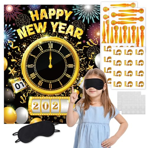 DPKOW 2025 New Year's Eve Pin Games, Countdown Clock NYE Party Favors, Eve Party Decoration Supplies, Firework Turntable Poster With Blindfold Eye Mask Stickers