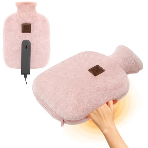 KNIGHT Rechargeable Hot Water Bottle with Charger, Soft & Fluffy Cover with Hand Warmer, Heat Pad for Hand & Body Up to 6 Hour, Fast Heating Temperature Control Gift for Women - Pink