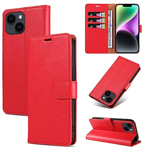 KKEIKO Coque pour iPhone 14, Antichoc Magnetique Étui à Rabat avec Porte Cartes, Portefeuille Housse en Cuir PU Coque pour iPhone 14, Rouge